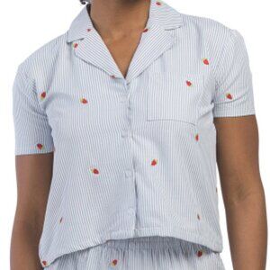 ❤️ Better Together "Dreamy Nights" Striped Pajama Top w/ Strawberry Embroidery L